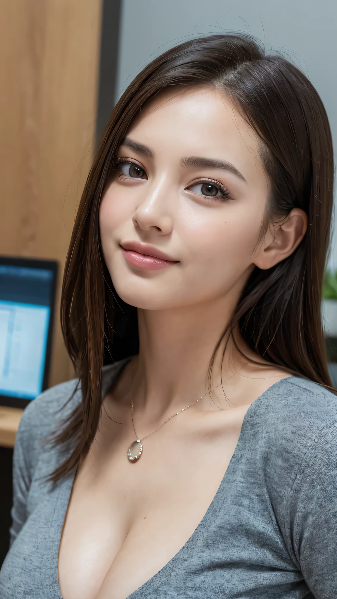 (1girl), (round eyes:1.2), (highly detailed face and eyes), smile, Amazing face and eyes, (shirt:1.3), cleavage, (Best Quality:1.4), (Ultra-detailed), (extremely detailed CG unified 8k wallpaper), Highly detailed, High-definition raw color photos, Professional Photography, Realistic portrait, Amazing face and eyes, indoors, office, (office lady, casual:1.3), (A moment of relaxation), model, depth of fields, (fine face:1.2),