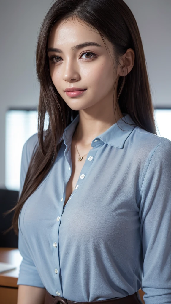 (1girl), (round eyes:1.2), (highly detailed face and eyes), smile, Amazing face and eyes, (shirt:1.3), cleavage, (Best Quality:1.4), (Ultra-detailed), (extremely detailed CG unified 8k wallpaper), Highly detailed, High-definition raw color photos, Professional Photography, Realistic portrait, Amazing face and eyes, indoors, office, (office lady, casual:1.3), (A moment of relaxation), model, depth of fields, (fine face:1.2),