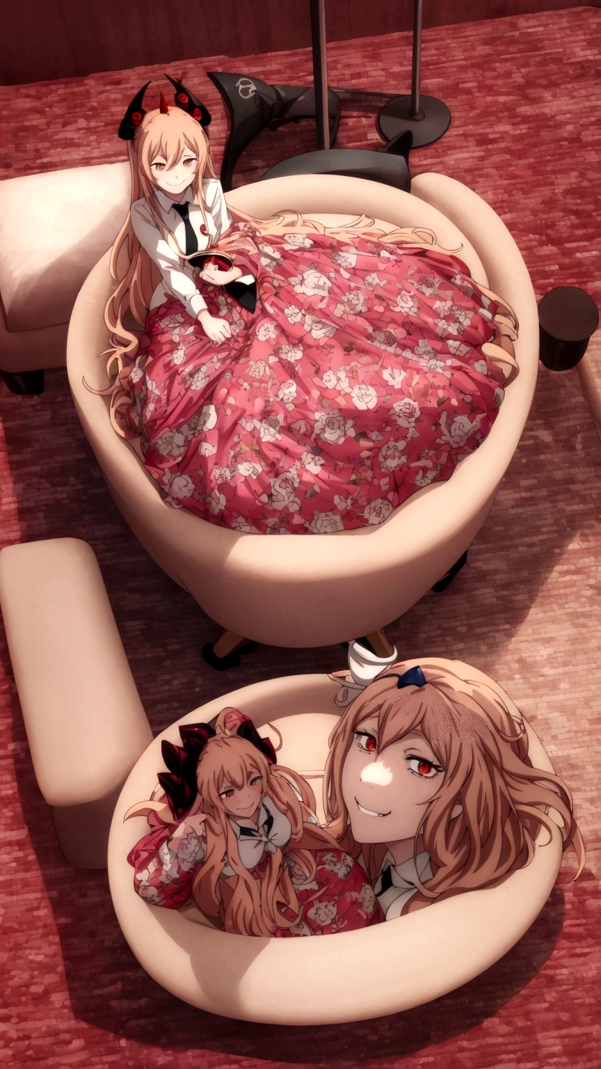 masterpiece、top-quality、hight resolution)、 Real life adaption for this character, Masterpiece, high quality, best lighting, cinematic, 1girl, anime girl with horns and a tie sitting in a chair, with red glowing eyes, evil smile and glowing eyes, demon anime girl, blonde anime girl with long hair, with glowing red eyes, malevolent smile, evil smile, junko enoshima, evil grin, uncanny smile, [[[[grinning evily]]]], wicked smile