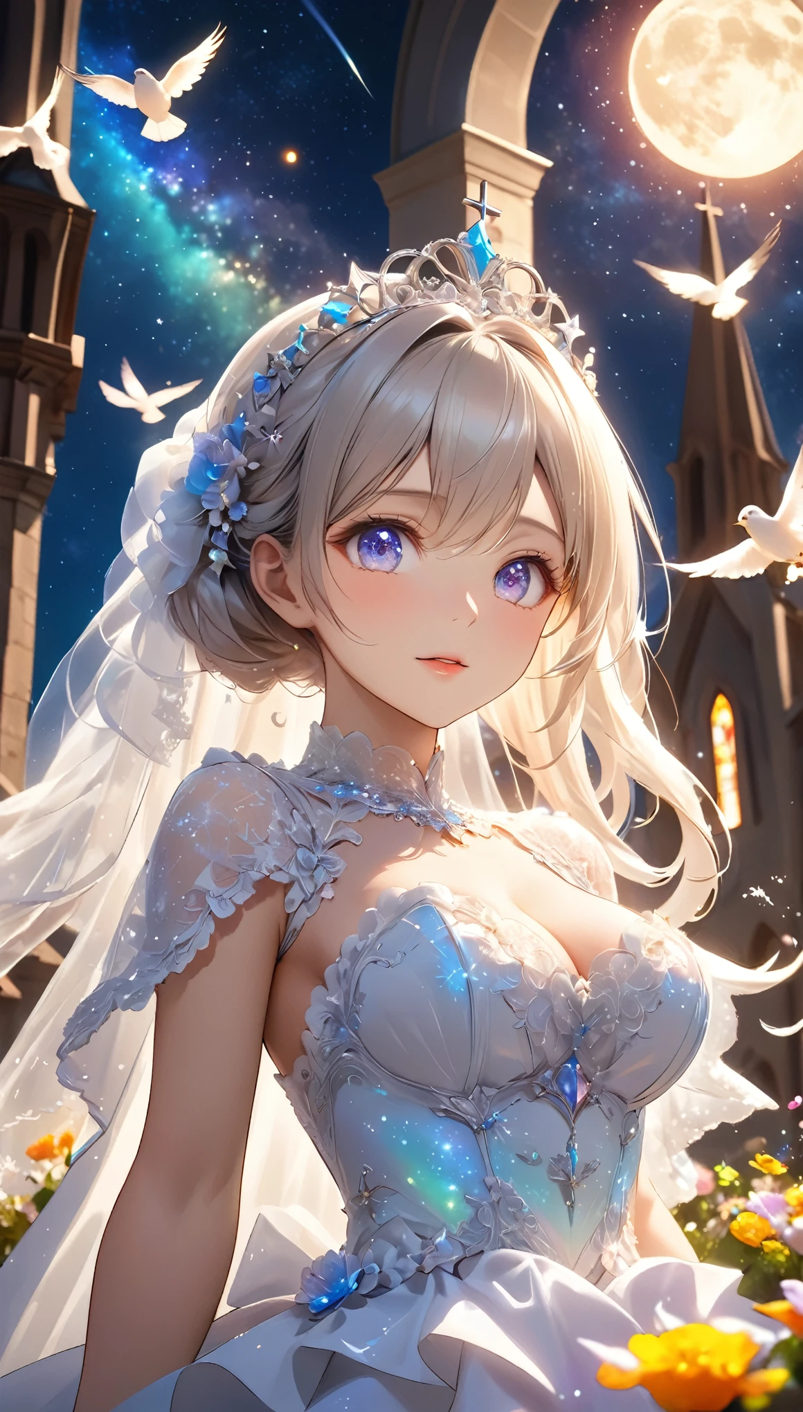 Highest quality, Super quality, 16K, Incredibly absurd, Very detailed, 2.5D, delicate and dynamic, church, Brightly colored stained glass, Small faint lights and flying fireflies, night, Starry Sky, milky way, nebula, shooting star, Flowers, birds, wind and moon, Extremely delicate facial expression, Delicate eye depiction, Upper body close-up, , sole  lady, healthy shaped body, 22 years old lady, bride, 170cm tall, huge firm bouncing busts,  Colorful tiaras, A long wedding dress with a complex structure, Colorful long wedding dress, frilly see-through long wedding dress, super long cape from head