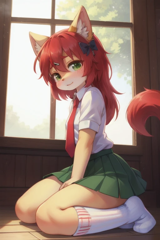 Masterpiece, White shirt, green skirt ,Red tie, red hair ribbon, White socks, 8k, Lin, by the green pecho1.87