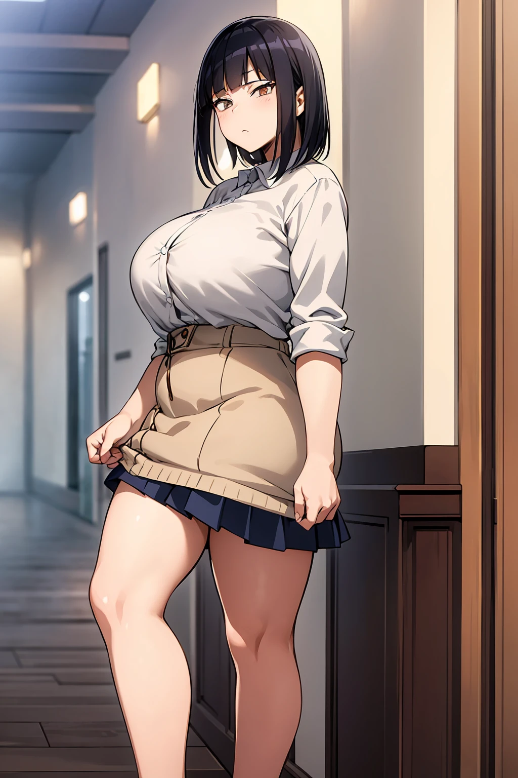 Solo highest quality, masterpiece, Very detailed CG, Highly detailed 8K wallpaper, indoor, classroom, masterpiece, highest quality, extreme details, Plump anime style, sharp focus, intricate details, 1 girl, huge breasts, High resolution, white school shirt, navy blue skirt, 8k, Tomboy, black hair, brown eyes, woman, Fair skin, sensual, short black hair, high high school girl, Are standing, hourglass illustration, cool face, short hair, sharp and cool face, calm expression, Fair skin, quite tall, full body shot, high school girl, white shirt, brown eyes, huge breasts 1.8,big butt,big waist,plump legs,plump calves, plus size, Erotic manga taste, mature woman, mature womanセーラー,