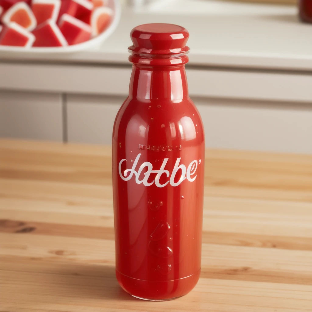 in the kitchen, on a wooden table, a red jelly bottle, jelly texture, gummy texuture, candy, realistic texture, realistic style, detailed texture, high quality, high resolution, high quality rendering, realistic photo, brightning light, macro photo, ultra hd 4k