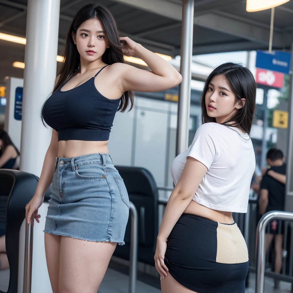 surrealism, High detail, Cinematic lighting, Ray tracing, angle of view, Eye level shots, hyper HD, Masterpiece, Textured skin, 8K, Best quality,standing at the Bus station, ubarn center, ,looking forward to the camera,wearing navy blue bra,and short small skirt tight,  plump,fat body size, obese big body, round,big ass,big chubby ass,corpulent big body sized 