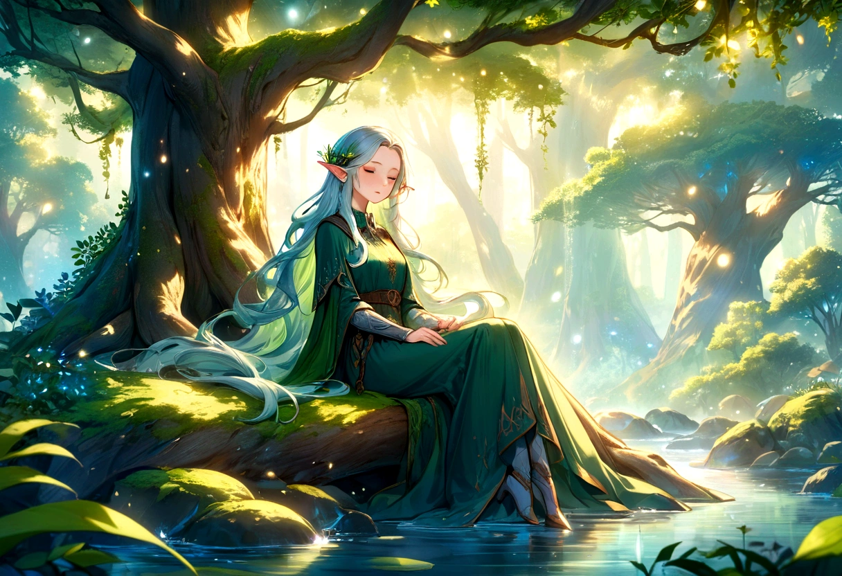 "A highly detailed and fantastical image featuring a beautiful female elf with long, flowing hair, dressed in intricate, medieval-style green clothing adorned with magical details. She is sitting under a large, ancient tree in a tranquil forest, sleeping peacefully. Soft, ethereal light filters through the canopy, creating a serene and enchanting atmosphere. The background includes lush greenery, softly glowing plants, and a gentle stream flowing nearby. The entire setting evokes feelings of peace, relaxation, and connection with nature. The overall style is dreamy and magical, with a strong emphasis on the beauty and mysticism of the natural world. The elf has an animation-style design, enhancing the whimsical and otherworldly feel of the scene."