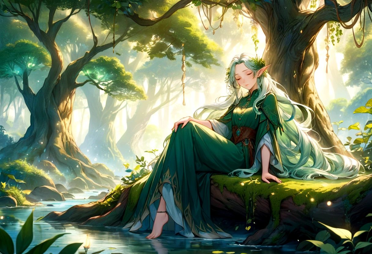 "A highly detailed and fantastical image featuring a beautiful female elf with long, flowing hair, dressed in intricate, medieval-style green clothing adorned with magical details. She is sitting under a large, ancient tree in a tranquil forest, sleeping peacefully. Soft, ethereal light filters through the canopy, creating a serene and enchanting atmosphere. The background includes lush greenery, softly glowing plants, and a gentle stream flowing nearby. The entire setting evokes feelings of peace, relaxation, and connection with nature. The overall style is dreamy and magical, with a strong emphasis on the beauty and mysticism of the natural world. The elf has an animation-style design, enhancing the whimsical and otherworldly feel of the scene."
