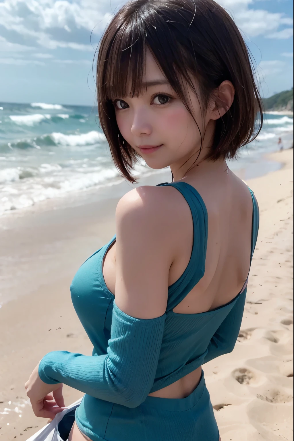 SFW, 
Early Evening, Serene Seascape, Background Rock Formation on the Horizon:1.2, Ocean's Waves, Surfers, Summer, 
Perfectly Anatomically Correct, 
1 Japanese Girl, Very Short Hair Bun, Wide-Set Eyes, Very White Skinned, Bashfully, Blush, 18-Year-Old, Open Mouse Slightly, 
Showing off Slightly Swelled Lower Buttocks from Shorts, 
Medium ASS, Shorts, (Compression Shirt), (No-Nipple), 
Brown Hair, Wet Hair, 
Cheerful, Light Smiling, 
(Looking Back Viewer), 
Dynamic Angle, 
8K, RAW Photo, Best Quality, Masterpiece, Realistic, PhotoRealistic, Extremely Detailed 8K Wallpaper, Beautifully Detailed Eyes, Finely Detailed Face, 
Professional Lighting, Cinematic Lighting, ((Bokeh:1.0))