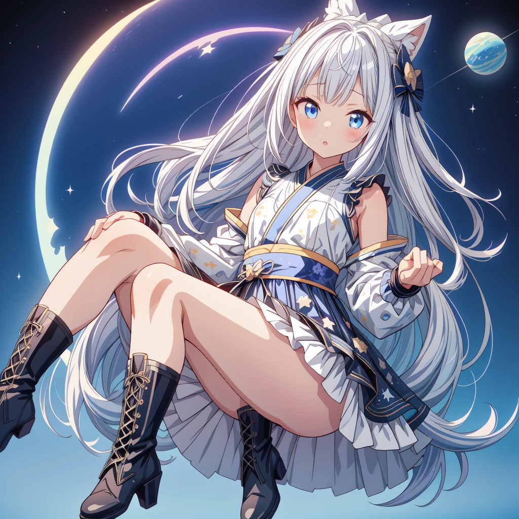 Sitting on the crescent moon、A spaceship with a cute rabbit face、Star Fairy、(((One girl)))、Lower Body Shot、Focus on the boots、vtuber half body、Star Fairy、「Beautifully printed galaxy patterned kimono and gothic lolita outfits.、Space Pattern Ruffle Box Pleated Mini Skirt、Frontal portrait、Knee-high boots、Captivating eyes、Perfect and amazing face、Exquisite detail、Clear images、Highest quality。」Milky white and blue gradient straight long hair、