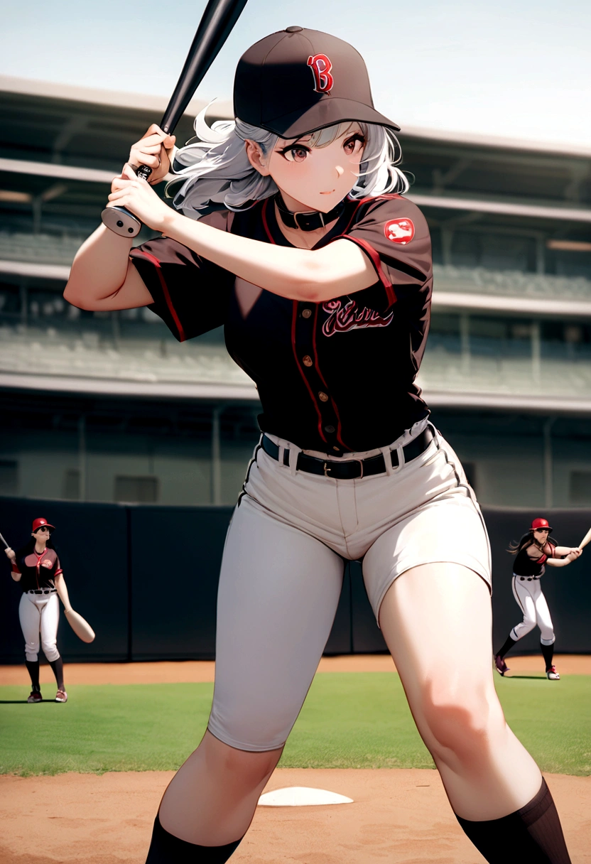 (Highest quality, Amazing visuals, High resolution, High resolution)、(A tall, slim beauty with long limbs)(Slim waist)(The field watched by spectators)、(Swing a baseball bat to hit a baseball)(Asian beauty baseball player), (Female Baseball Players), Black shirt with collar(Red pinstripe、Short length、Belly button)、White shorts、Black Sports Socks、Long silver hair, Sports photography、Full Swing、(A well-groomed and perfect face)、(Super Beauty)(Batting form)(Face facing left)