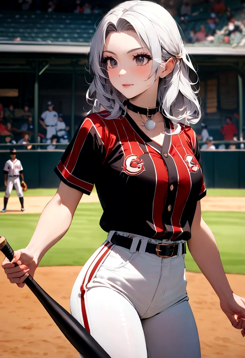 (Highest quality, Amazing visuals, High resolution, High resolution)、(A tall, slim beauty with long limbs)(Slim waist)(The field watched by spectators)、(Swing a baseball bat to hit a baseball)(Asian beauty baseball player), (Female Baseball Players), Black shirt with collar(Red pinstripe、Short length、Belly button)、White shorts、Black Sports Socks、Long silver hair, Sports photography、Full Swing、(A well-groomed and perfect face)、(Super Beauty)(Batting form)(Face facing left)