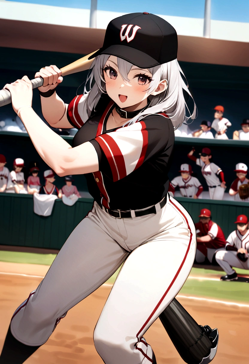 (Highest quality, Amazing visuals, High resolution, High resolution)、(A tall, slim beauty with long limbs)(Slim waist)(The field watched by spectators)、(Swing a baseball bat to hit a baseball)(Asian beauty baseball player), (Female Baseball Players), Black shirt with collar(Red pinstripe、Short length、Belly button)、White shorts、Black Sports Socks、Long silver hair, Sports photography、Full Swing、(A well-groomed and perfect face)、(Super Beauty)(Batting form)(Face facing left)