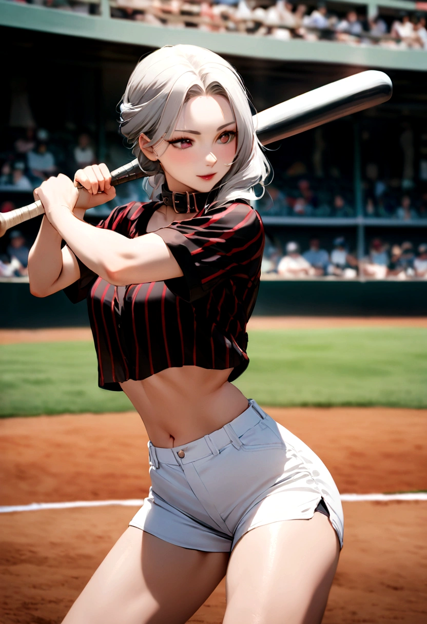 （Highest quality, Amazing visuals, High resolution, High resolution）、（A tall, slim beauty with long limbs）（Slim waist）（The field watched by spectators）、（Swing a baseball bat to hit a baseball）（Asian beauty baseball player）, （Female Baseball Players）, Black shirt with collar（Red pinstripe、Short length、Belly button）、White shorts、Black Sports Socks、Long silver hair, Sports photography、Full Swing、（A well-groomed and perfect face）、（Super Beauty）（Batting form）（Face facing left）