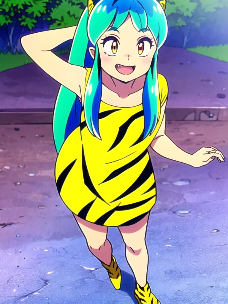 (masterpiece, high quality, 16k anime quality, anime style, retro art style, clean brush strokes, very detailed, perfect anatomy), (front view, from below),  girl, solo, (Ram), (beautiful eye details), yellow eyes, (multi-colored hair, aqua blue hair, long hair, thick unevenly parted bangs), open mouth, smiling, cowboy shot, collarbone, (little, children's clothiard print), (dancing, fluttering, looking forward), looking at viewer, (park background, on a bench),