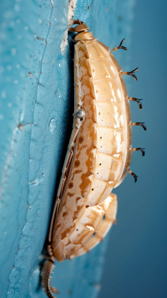 a close-up of a restaurant on a blue surface, chrysalis, lateral view close-up de um magro, insect wings, hatched ear, intriguing details, lateral view de um magro, Pointed shell, cicada wings, isopod, larvae, lateral view, Below the tail, detailded, sand worm, left profile, halyomorpha halys