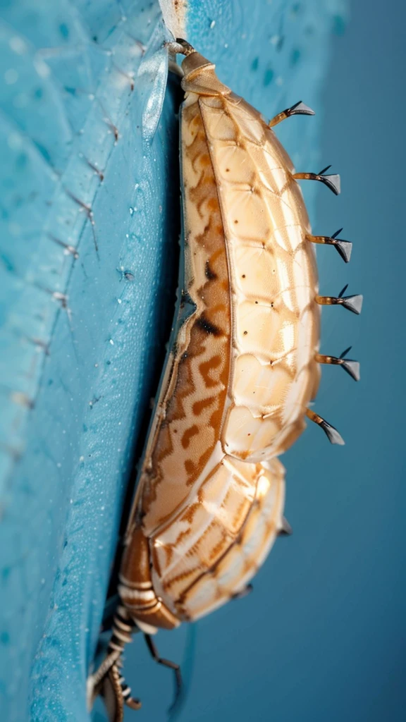 a close-up of a restaurant on a blue surface, chrysalis, lateral view close-up de um magro, insect wings, hatched ear, intriguing details, lateral view de um magro, Pointed shell, cicada wings, isopod, larvae, lateral view, Below the tail, detailded, sand worm, left profile, halyomorpha halys