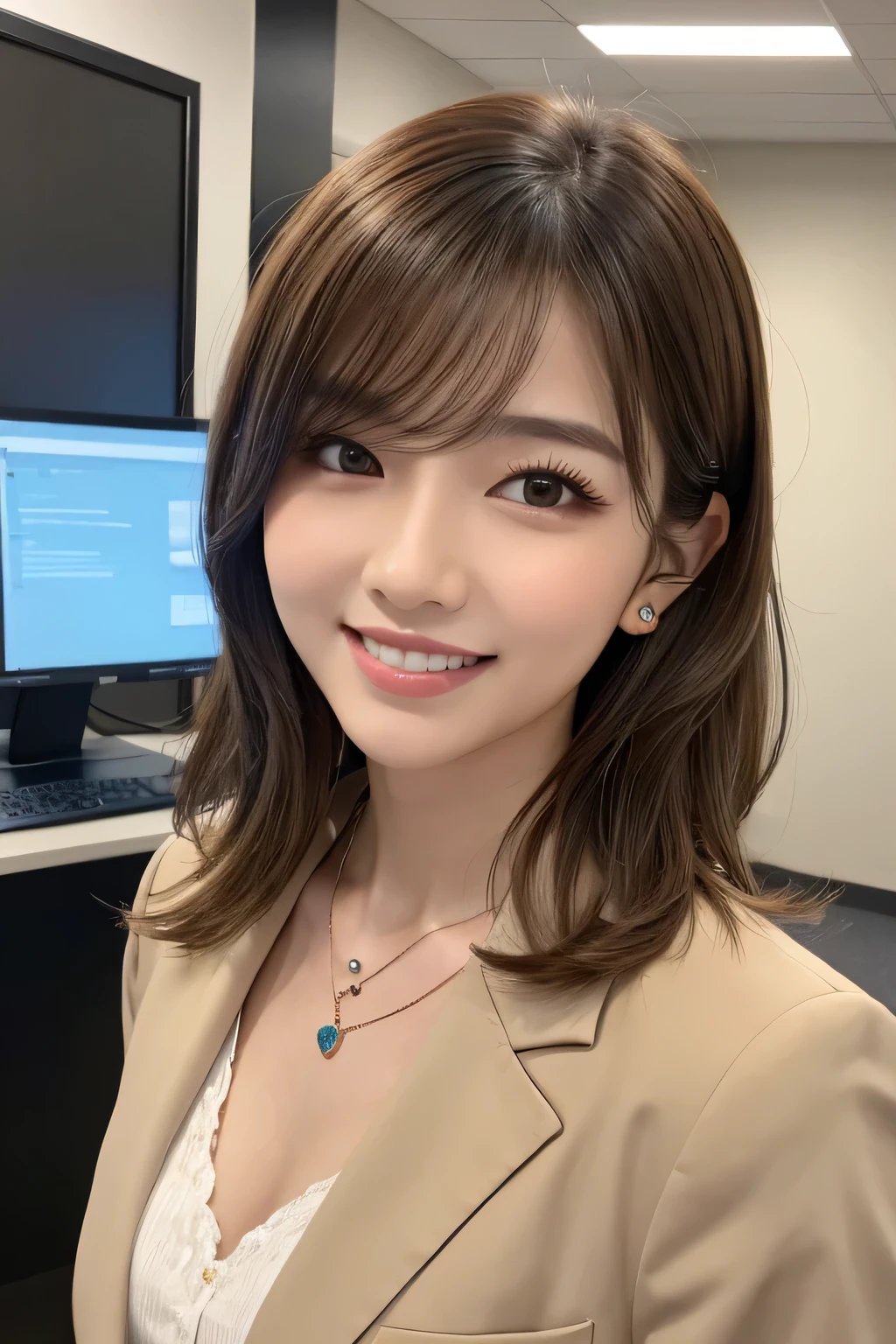 Beautiful young woman、 Light brown hair、、Wavy Hair、Working in front of a computer、Necklace around the neck、Office Lady Suits、Jacket、Unbuttoned shirt、Flashy makeup、smile、Beautiful teeth alignment、short hair、Intricate details, Very detailed:1.2), 、 Looking into the camera,The background is the office、Necklace around the neck、Dark eyeliner、ear piercing