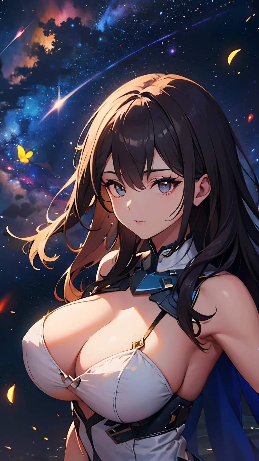 Highest quality, Super quality, 16K, Incredibly absurd, Very detailed, 2.5D, delicate and dynamic, Small faint lights and flying fireflies, night, Starry Sky, milky way, nebula, shooting star, Flowers, birds, wind and moon, Extremely delicate facial expression, Delicate eye depiction, Upper body close-up, erotic, sole sexy lady, healthy shaped body, 22 years old lady, White Devil Guide, 170cm tall, huge firm bouncing busts, Colorful magic wand, A long dress with a complex structure, A colorful long dress, frilly see-through long dress