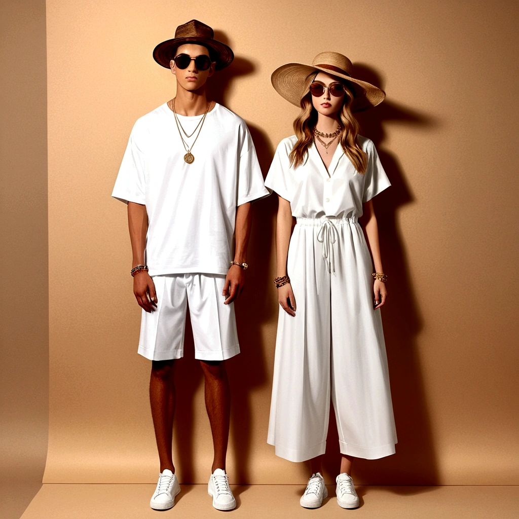 candid fashion illustration of young man and woman, both aged 20 year old, ((showcase fashion in a White cotton-rayon outfits)), inspired by Christian Dior's resort collection in elegant bohemian style. The man wears an oversized short-sleeved white shirt, paired with relaxed-fit white Drawstring short Pants, He completes his look with sneakers, wooden-framed sunglasses, and a woven bracelet. The woman complements him in a white rayon dress with Drawstring and ruffle ruffle skirt details, Her ensemble includes an accessorizes with a wide-brimmed straw hat, white sneakers and necklace. Captured in a ((full-body pose)), ((paper material background)), realistic charcoal lines, imperfect drawing, charcoal lines, fading sketch, quick Sketch, (Eddie Mauro-mix), HD high resolution, style of surrealism, Best texture,（Skin texture portrayal：1.2），Fair and translucent skin，（Extremely detailed depiction of facial features：1.4），Refined makeup，Eye detail portrayal，The pupils are bright，（Hair details depicted:1.4），Lips are shiny and delicate，（The ultimate in face portrayal:1.4），Light-sensitive，Chasing the light，Hyper Real，