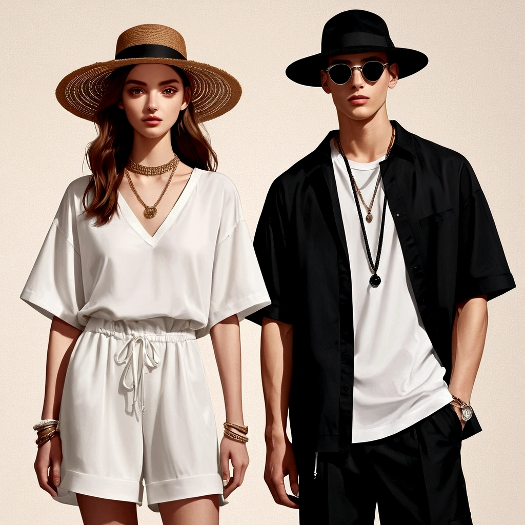 candid fashion illustration of young man and woman, both aged 20 year old, ((showcase fashion in a White cotton-rayon outfits)), inspired by Christian Dior's resort collection in elegant bohemian style. The man wears an oversized short-sleeved white shirt, paired with relaxed-fit white Drawstring short Pants, He completes his look with sneakers, wooden-framed sunglasses, and a woven bracelet. The woman complements him in a white rayon dress with Drawstring and ruffle ruffle skirt details, Her ensemble includes an accessorizes with a wide-brimmed straw hat, white sneakers and necklace. Captured in a ((full-body pose)), ((paper material background)), realistic charcoal lines, imperfect drawing, charcoal lines, fading sketch, quick Sketch, (Eddie Mauro-mix), HD high resolution, style of surrealism, Best texture,（Skin texture portrayal：1.2），Fair and translucent skin，（Extremely detailed depiction of facial features：1.4），Refined makeup，Eye detail portrayal，The pupils are bright，（Hair details depicted:1.4），Lips are shiny and delicate，（The ultimate in face portrayal:1.4），Light-sensitive，Chasing the light，Hyper Real，