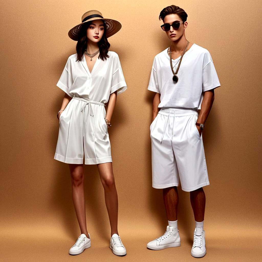 candid fashion illustration of young man and woman, both aged 20 year old, ((showcase fashion in a White cotton-rayon outfits)), inspired by Christian Dior's resort collection in elegant bohemian style. The man wears an oversized short-sleeved white shirt, paired with relaxed-fit white Drawstring short Pants, He completes his look with sneakers, wooden-framed sunglasses, and a woven bracelet. The woman complements him in a white rayon dress with Drawstring and ruffle ruffle skirt details, Her ensemble includes an accessorizes with a wide-brimmed straw hat, white sneakers and necklace. Captured in a ((full-body pose)), ((paper material background)), realistic charcoal lines, imperfect drawing, charcoal lines, fading sketch, quick Sketch, (Eddie Mauro-mix), HD high resolution, style of surrealism, Best texture,（Skin texture portrayal：1.2），Fair and translucent skin，（Extremely detailed depiction of facial features：1.4），Refined makeup，Eye detail portrayal，The pupils are bright，（Hair details depicted:1.4），Lips are shiny and delicate，（The ultimate in face portrayal:1.4），Light-sensitive，Chasing the light，Hyper Real，