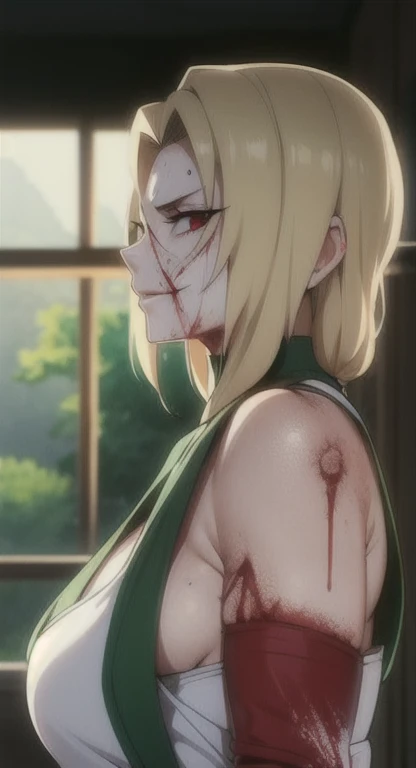 Sweating, Tsunade, blood everywhere, Tsunade covered in blood, looking at viewer psychotically, creepy smirk, side view,