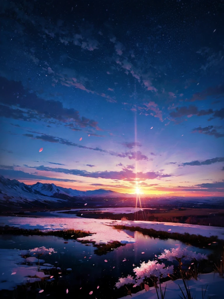 logo、masterpiece、8K、table top、RAW photo、wonderful、最high quality、フォトrealでvery detailedなCG統合8K壁紙、high quality、very detailed、Narrative poem、particle effects、dynamic effects、character border depth、cinematic light、Lens flare、ray tracing、table top、real、ultra high resolution、fantasy、night、wind、darkness、Snow and hoarfrost、frigid winter day、snow-capped mountainや森、hoarfrost、snow-capped mountain々、The beauty and brilliance of frost-covered trees、Silent and beautiful grasslands in a world of ice and snow、vast land、Lakeside、wonderful view、美しい自然のwind景、Night Sky、wind、cherry blossoms、cherry blossoms花びら舞っている、cherry blossoms snowstorm、falling petals
