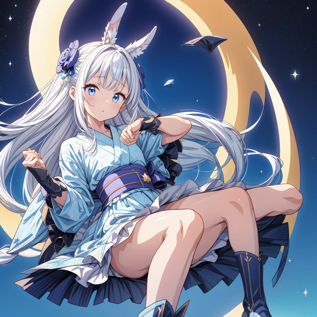 Sitting on the crescent moon、A spaceship with a cute rabbit face、Star Fairy、(((One girl)))、Lower Body Shot、Focus on the boots、vtuber half body、Star Fairy、「Beautifully printed galaxy patterned kimono and gothic lolita outfits.、Space Pattern Ruffle Box Pleated Mini Skirt、Frontal portrait、Knee-high boots、Captivating eyes、Perfect and amazing face、Exquisite detail、Clear images、Highest quality。」Milky white and blue gradient straight long hair、