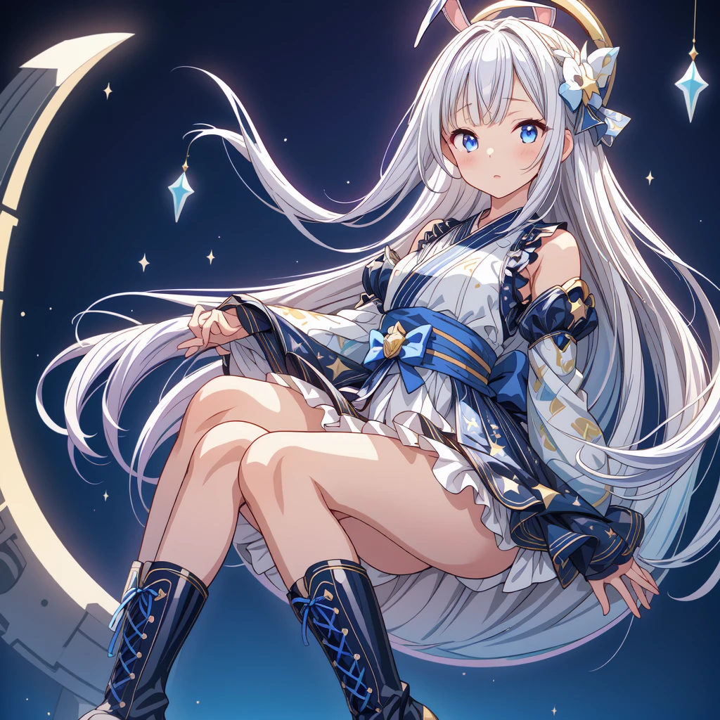 Sitting on the crescent moon、A spaceship with a cute rabbit face、Star Fairy、(((One girl)))、Lower Body Shot、Focus on the boots、vtuber half body、Star Fairy、「Beautifully printed galaxy patterned kimono and gothic lolita outfits.、Space Pattern Ruffle Box Pleated Mini Skirt、Frontal portrait、Knee-high boots、Captivating eyes、Perfect and amazing face、Exquisite detail、Clear images、Highest quality。」Milky white and blue gradient straight long hair、