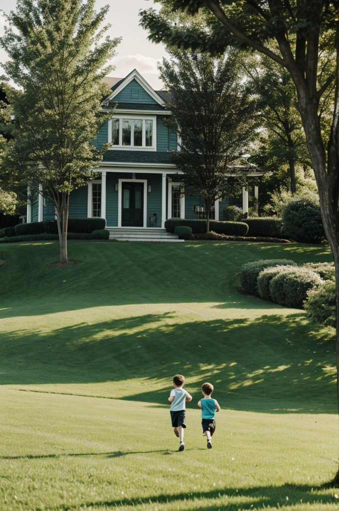 beautiful house, nature, grass, trees, a girl and a boy run along the grass near the house