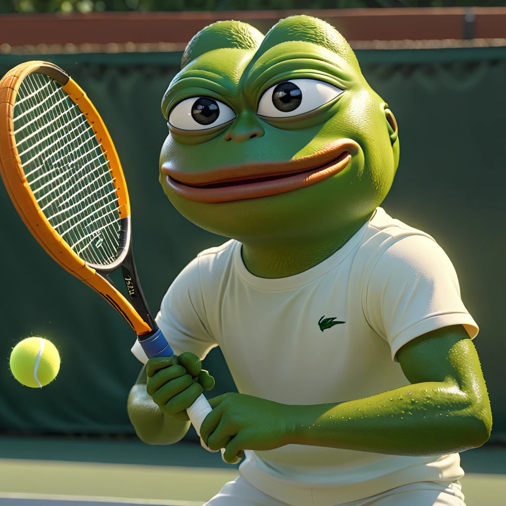 pepe the frog playing tennis, highly detailed, realistic, 3D, ultra-detailed, 8K, hyperrealistic, masterpiece, volumetric lighting, dynamic action pose, detailed facial features, expressive eyes, vibrant colors, photorealistic, seamless textures, cinematic composition, dramatic lighting, striking color palette