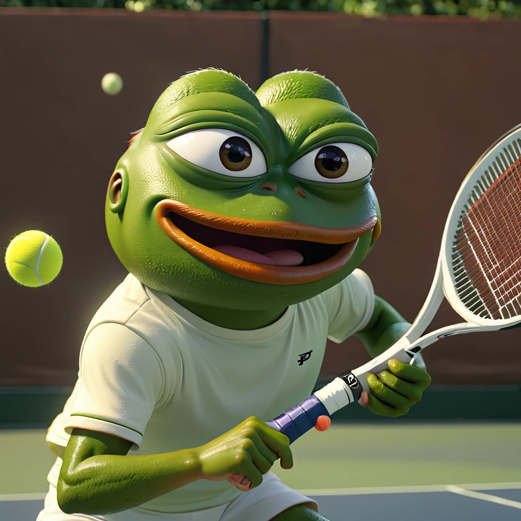pepe the frog playing tennis, highly detailed, realistic, 3D, ultra-detailed, 8K, hyperrealistic, masterpiece, volumetric lighting, dynamic action pose, detailed facial features, expressive eyes, vibrant colors, photorealistic, seamless textures, cinematic composition, dramatic lighting, striking color palette