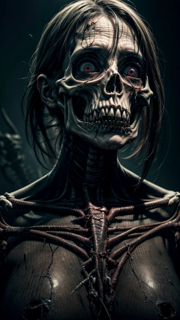 a woman with a horrifying face, extremely ugly and distorted features, sunken eyes, gaping mouth, rotting skin, a skeletal body, unhealthy and uncomfortable appearance, in a dark, unsettling horror atmosphere, highly detailed, photorealistic, 8k, best quality