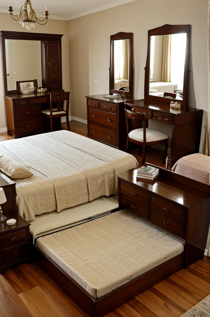 Interior of the bed room with double bed, a coffee table with 2 chairs, a clothers cabinet, one making-up table with chair and mirror, young-age style