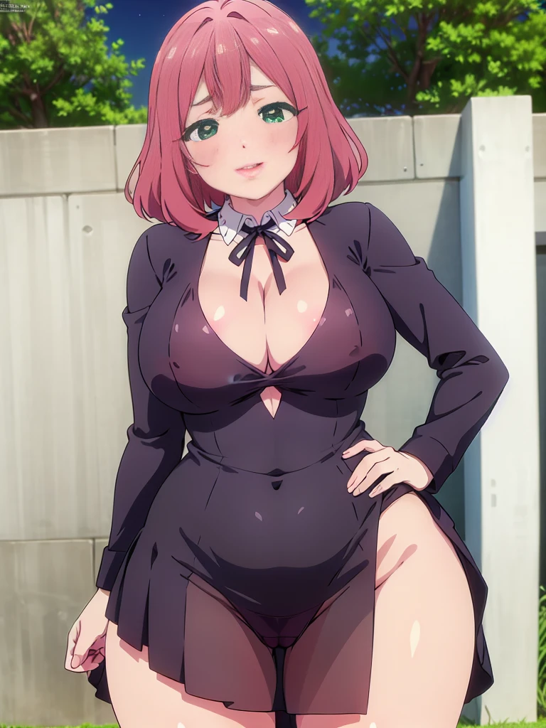 eaArt bot upscaling default is 22:25:26k wallpaper, masterpiece, highest quality, Super detailed, 30~40 years, full body shot, mature woman, beautiful mature woman, nightgown and underwear, enchanting smile, thick lips, Chubby lips, blush, looking at the viewer, provocative expression, short hairstyle, cleavage, Plump、curvy hips、attractive face、naughty face、sexy lingerie 、an inviting gaze、Expression of emotions、(((Lewd underwear)))、erotic see-through lingerie set、Standing position、gorgeous accessories、raise your butt, from below, (NSFW: 1.4)、exposed chest、(((gasping face)))、Openwork decoration,(((see through dress)))、(((R-18)))、Hakari_Whirlpool, pink hair, medium hair, hair ornaments, hair flower, green eyes, , black skirt, mini skirt, pleated skirt, black jacket, white shirt,collared shirt, long sleeve, neck ribbon,ribbon, thighs, big breasts, Are standing, cowboy shot, looking at the viewer, outdoor, blush, 1 girl, (masterpiece:1.3), (High resolution), (8K), (very detailed), (4K), (pixiv), perfect face, Nice eyes and face, (highest quality), (Super detailed), detailed face and eyes, (alone), rough skin, confused, High resolution、beautiful eyes
