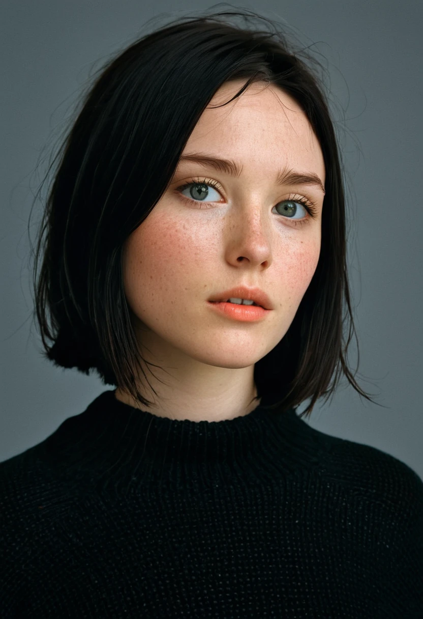 features a young individual with pale skin and dark hair cut to slightly below chin length. Their eyes are a light color, and they possess prominent freckles across the cheeks and nose. The individual is gazing directly at the viewer, exhibiting a neutral to subtly pensive expression, with their head slightly tilted. They are wearing what appears to be a dark sweater or top. The background is a solid, warm-toned, coral-like color that contrasts with the subject's dark hair and pale complexion, bringing focus to their face and expression.