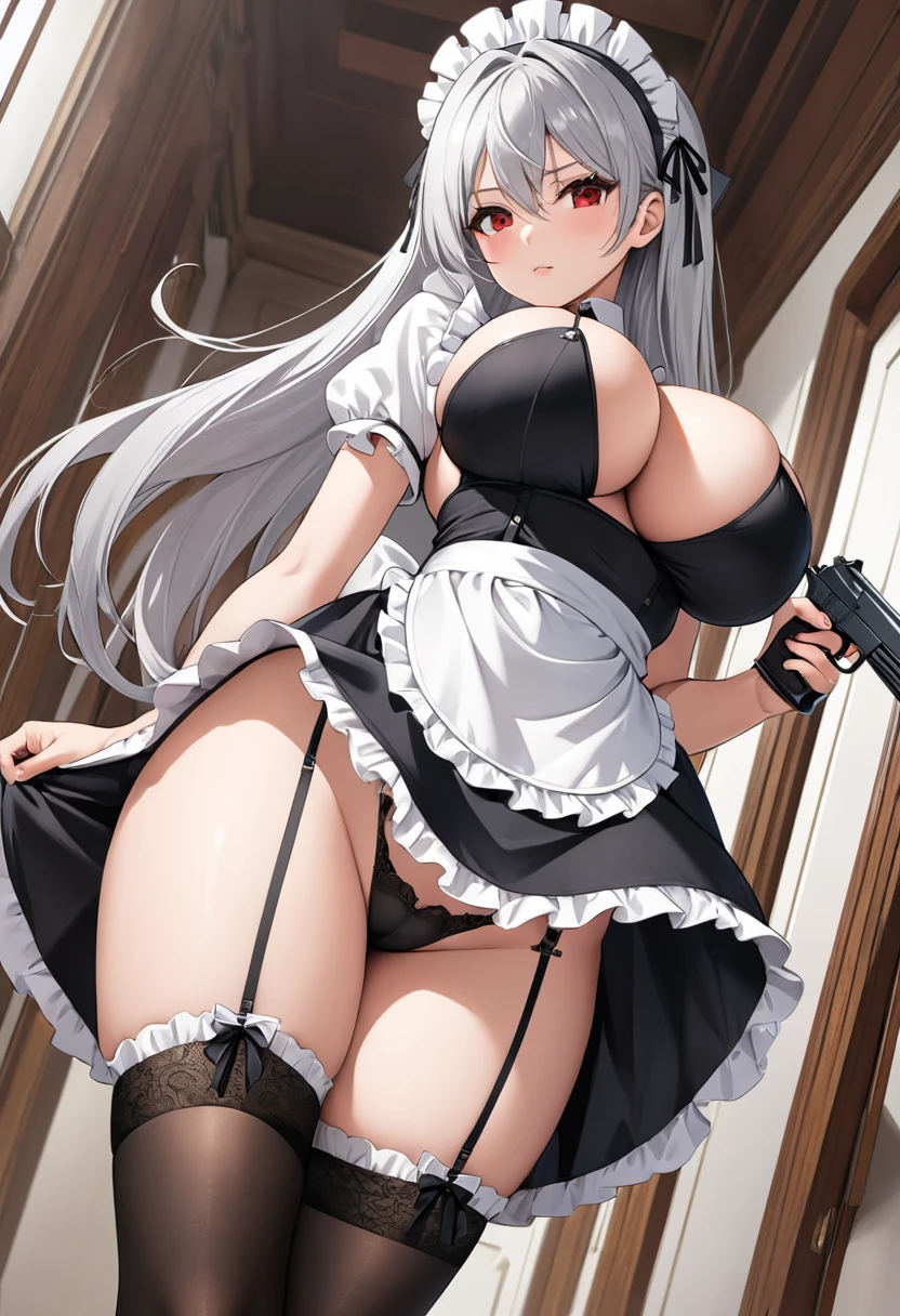 Dynamic Angle,Long silver hair,Red eyes,fine grain,She has a voluptuous body with beautiful large breasts,Very beautiful long legs.,Black knee-highs,garter,Perfect body, (masterpiece, Highest quality:1.2),Maid, headdress,apron,Holding a gun in his right hand, Cowboy Shot