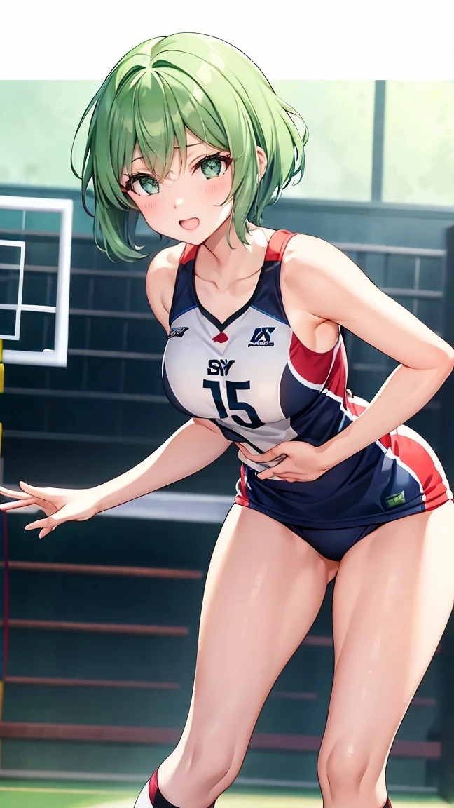 Girl with short green hair, Small size breasts,、Green Eyes, 、,Full body photo from head to toe、Volleyball Player、Volleyball Uniforms、、Uplifting、Leaning forward、、Hit the serve