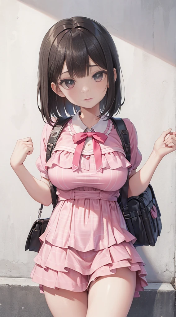 ((Highest quality, 8K, masterpiece: 1.3)), concentrated: 1.2, Perfect Body Beauty: 1.4, Hips: 1.2, ((Layered Haircut, Big Breasts: 1.2)), (street:1.3), Bandeau dress: 1.1, Highly detailed face and skin texture, Beautiful Eyes, double eyelid, White skin, Long Hair, (shut up: 1.3), whole body, Carrying a pink school bag, (randoseru backpack:1.0)