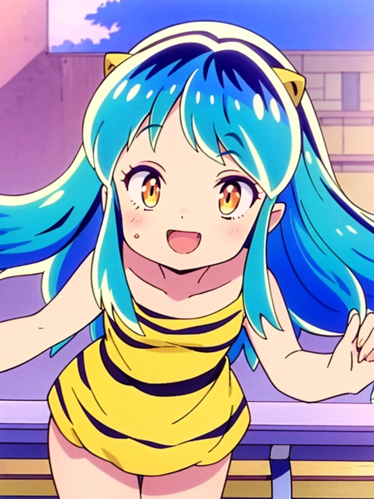 (masterpiece, high quality, 16k anime quality, anime style, retro art style, clean brush strokes, very detailed, perfect anatomy), (front view, from below),  girl, solo, (Ram), (beautiful eye details), yellow eyes, (multi-colored hair, aqua blue hair, long hair, thick unevenly parted bangs), open mouth, smiling, cowboy shot, collarbone, (little, children's clothiard print), (dancing, fluttering, looking forward), looking at viewer, (park background, on a bench),