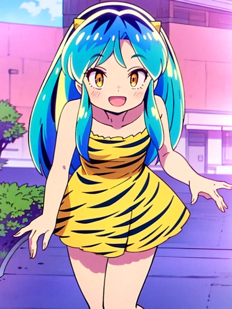 (masterpiece, high quality, 16k anime quality, anime style, retro art style, clean brush strokes, very detailed, perfect anatomy), (front view, from below), girl, solo, (Ram), (beautiful eye details), yellow eyes, (multi-colored hair, aqua blue hair, long hair, thick unevenly parted bangs), open mouth, smiling, cowboy shot, collarbone, (little, children's clothiard print), (dancing, fluttering, looking forward), looking at viewer, (park background, on a bench),