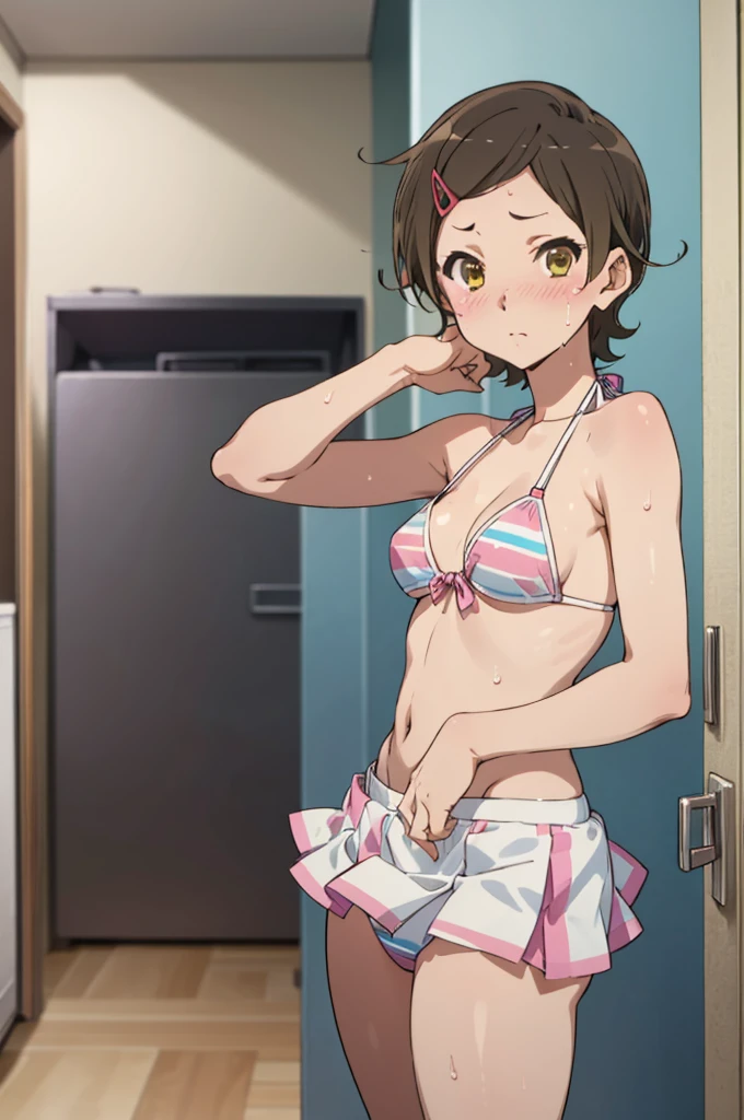 solo, 1girl, looking at viewer, bikini, hazuki katou, medium breasts,, looking at viewer, ,my room,miniskirt,blush,sweating