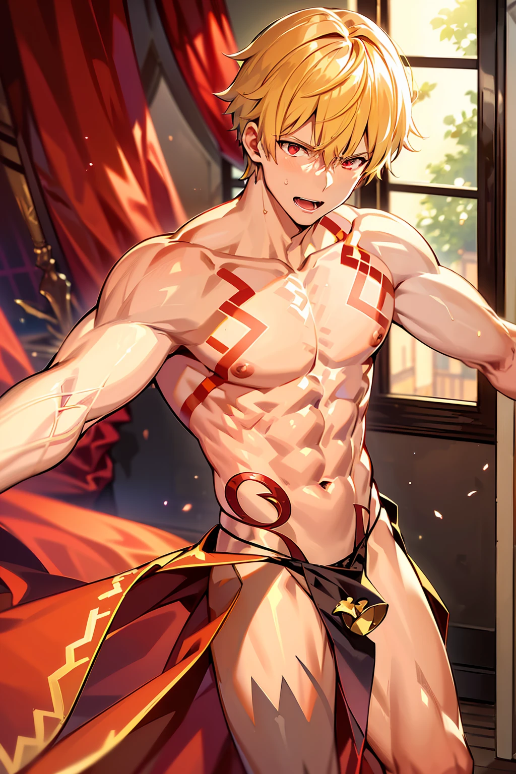 (absurdres, highres, ultra detailed, HDR) master piece, best quality, Gilgamesh, blond hair, expressive red eyes, Fate Grand Order, solo, sexy man, handsome, toned chest, red tattoo, horny, erotic, fully naked, no clothes, naked, big dick, erection, room, window, red curtains