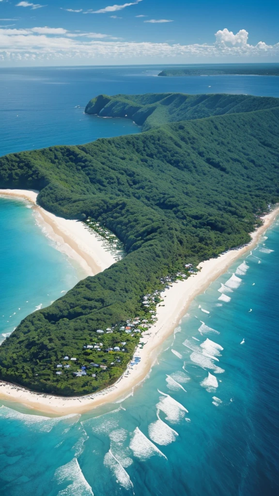 Beautiful landscape, edge of ocean, jungle beach, small village on edge of ocean, plane high in the blue sky