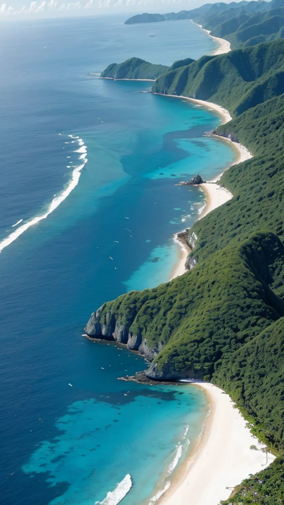 Beautiful landscape, edge of ocean, jungle beach, small village on edge of ocean, plane high in the blue sky