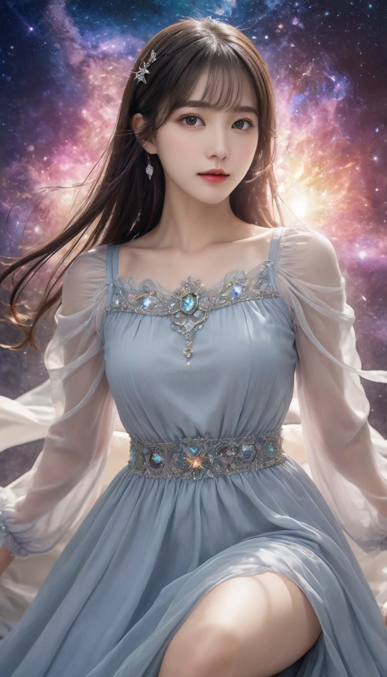 8K resolution, masterpiece, Highest quality, Award-winning works, unrealistic, From above, erotic, Only sexy women, healthy shaped body, 60 talents, (((Facial wrinkles, Wrinkles around the eyes, Irritated skin, Nasolabial folds))), Black Mage, Height: 165cm, Large, firm, swaying bust, Silvery long wavy hair, Detailed facial depiction, break, Detailed eyes, Standard nose, eyeliner, Pink Lips, Sexy long legs, Transparent muscle, holy knight, Gothic ruffle long dress, A dress with a complex structure, Seven colourful dresses, Clothed in flames, royal coat of arms, elegant, Very detailed, Delicate depiction of hair, Miniature Painting, Digital Painting, artステーション, コンセプトart, Smooth, Sharp focus, shape, artジャム、Greg Rutkowski、Alphonse Mucha、William Adolphe Bouguereau、art:Stephanie Law , Royal Jewel, nature, Symmetric, Greg Rutkowski, Charlie Bowwater, unrealistic, Surreal, Dynamic Lighting, ファンタジーart, Complex colors, Colorful magic circle, flash, dynamic sexy pose, A kind smile, Mysterious Background, aura, A gentle gaze, break, Small faint lights and flying fireflies, night, lanthanum, 山の頂From above下界を見下ろす, Starry Sky, milky way, nebula, shooting star