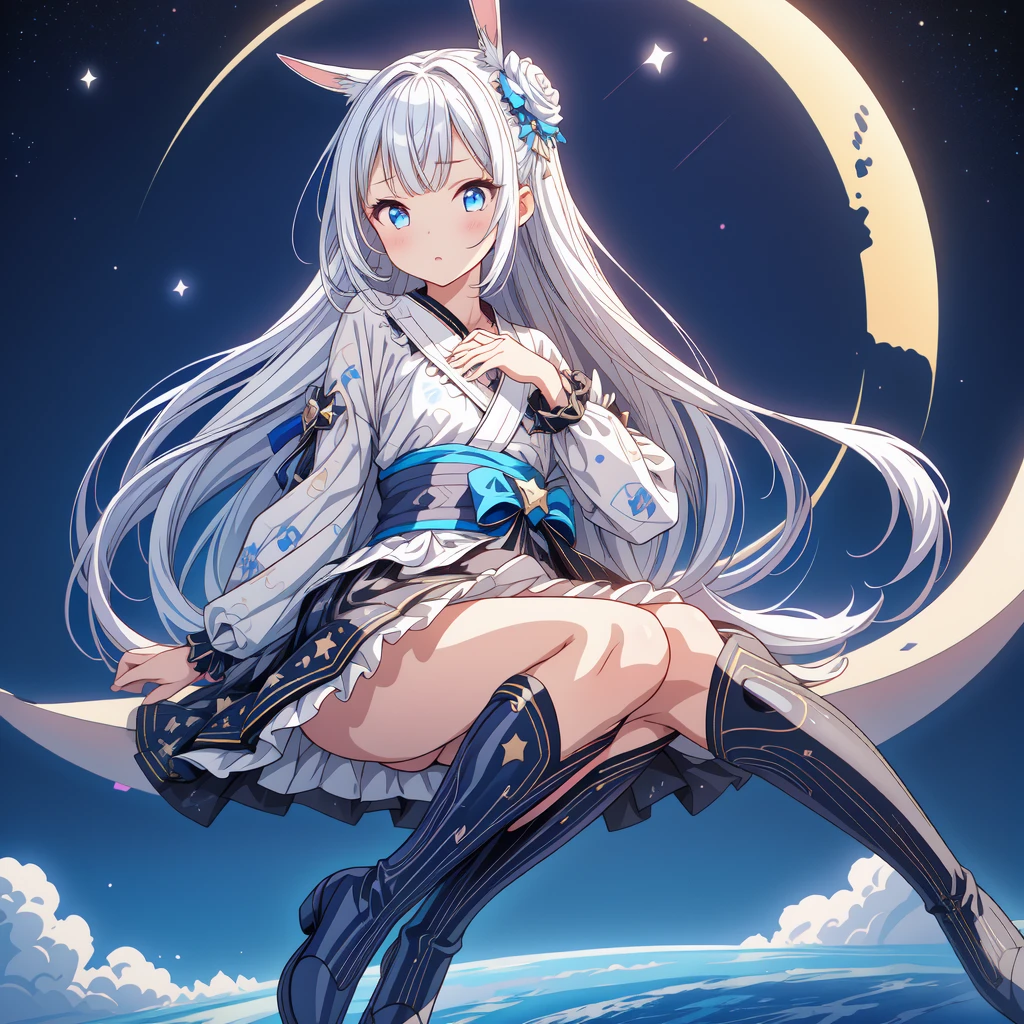 Sitting on the crescent moon、A spaceship with a cute rabbit face、Star Fairy、(((One girl)))、Lower Body Shot、Focus on the boots、vtuber half body、Star Fairy、「Beautifully printed galaxy patterned kimono and gothic lolita outfits.、Space Pattern Ruffle Box Pleated Mini Skirt、Frontal portrait、Knee-high boots、Captivating eyes、Perfect and amazing face、Exquisite detail、Clear images、Highest quality。」Milky white and blue gradient straight long hair、