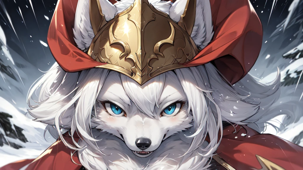 1 person, 8k Werewolf Portrait, Arctic fox, Arctic fur is as white as snow,Paladin,helmet,Red Cape, complex, Very detailed, number, Smooth, Clear focus, illustration, ((masterpiece)),Yoshitaka Amano,storm