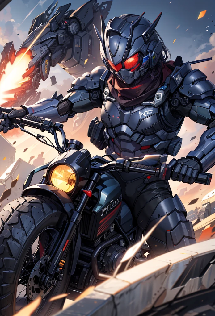 (masterpiece:1.2), best quality, high resolution, extremely detailed CG, absurdres, highres,1girl, solo, black powersuit, black armor, on a cyber motorcycle, red_scarf, mecha_armored, mecha_belt, headgear
