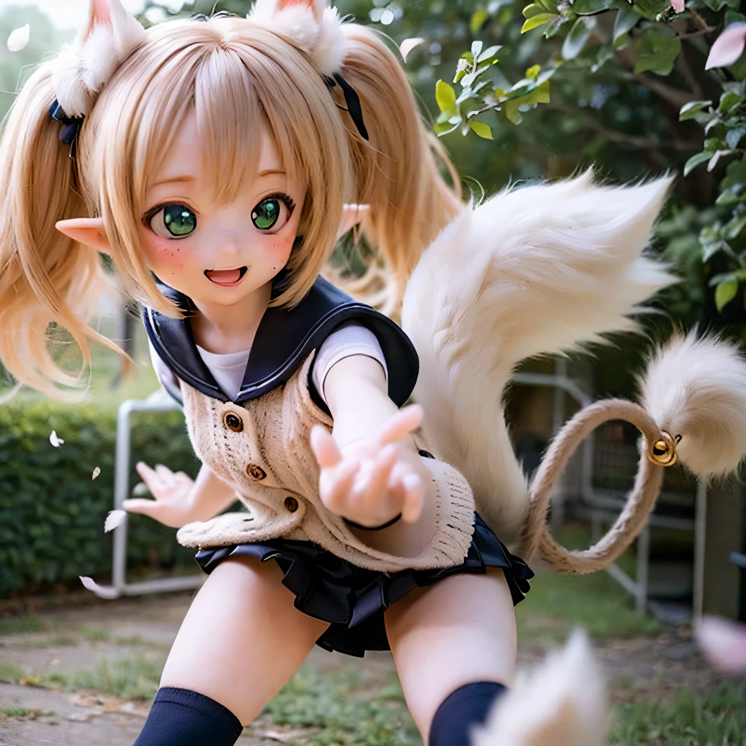 Highest quality,Very detailed,Realistic,Portraiture,Stylized,pastel colour,sunlight,Green Garden,Cute expression,Shining Eyes,Fluffy fur,Girls running through the fields,A playful atmosphere,cherry blossoms,Fluttering petals,Hair removal,smile,Small ears and tail,Short skirt and long socks,Twin tails,Basketball court on background,freckles,Hand in hand,Excitement and joy,水彩画wind,Chubby Cheeks,rays of warm sunlight,wind,Innocence,Laughter,Vibrant Energy,Harmony and friendship
