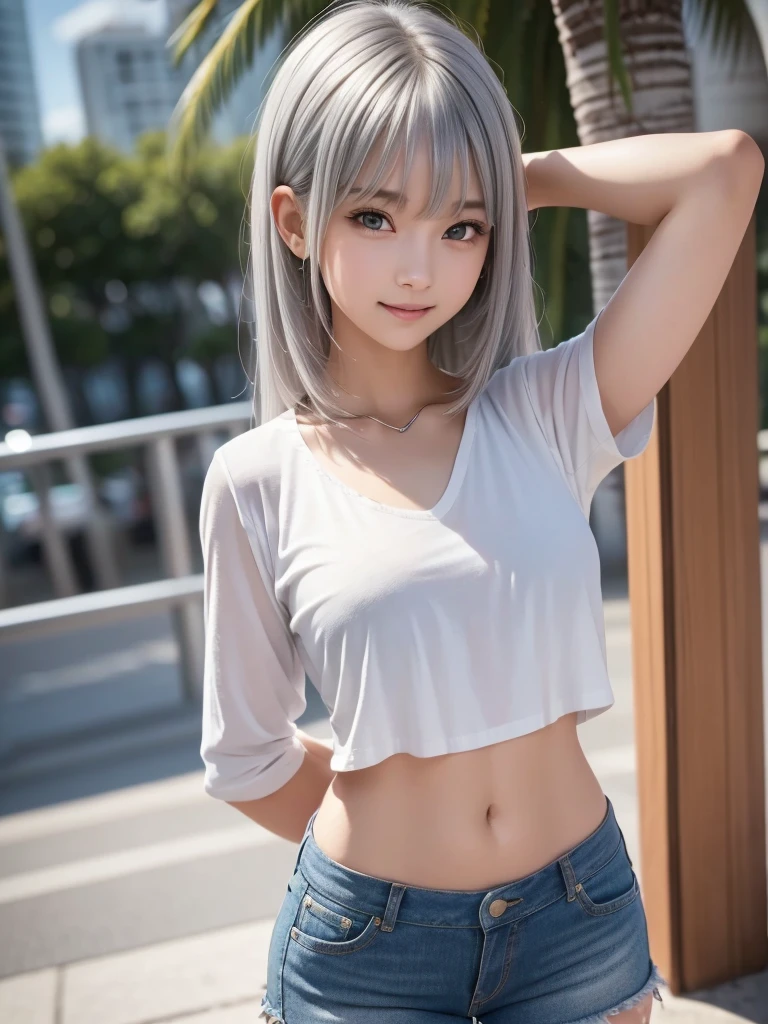 (8K, RAW Photos, Highest quality, masterpiece:1.2), (Realistic, photo-Realistic:1.4), (Highly detailed 8K wallpapers), ((Full Body Shot)), (1 girl), Sharp focus, Depth of written boundary, Cinematic lighting, Soft Light, 緻密な美しさのeye, eye_Chan, Very beautiful 17 year old girl, innocent big eyes, Realistic, photo Realistic, Highly detailed cute girl, (Thin thighs), (Model Body Type), 18-year-old, (Pure white T-shirt), (Denim micro mini tight skirt), (((Fold your arms in front of your chest and act arrogantly))), ((A happy smile)), Parted lips, Watching the audience, (Waikiki Beach), (Silver Hair),(Long Bob Hair), (Asymmetrical bangs